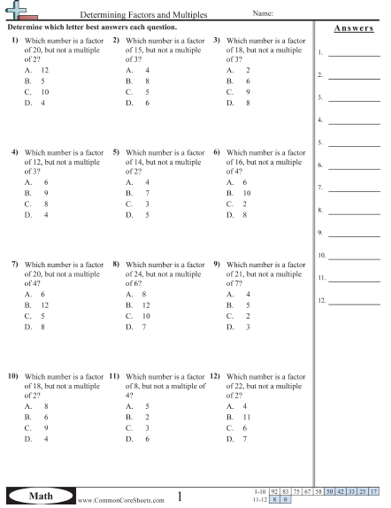 Factor Worksheets - Determining Factors and Multiples  worksheet